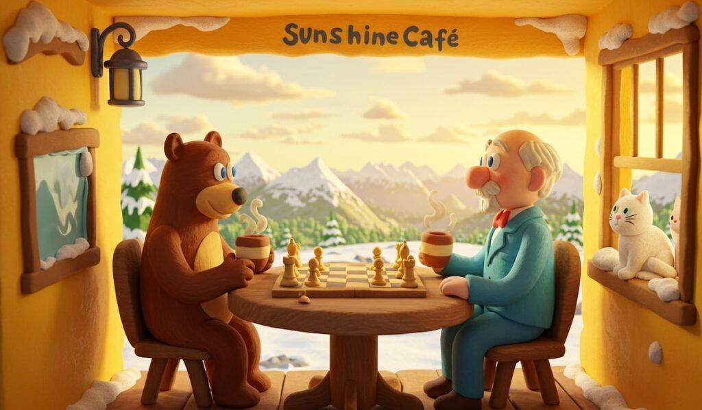 Медведь и дедушка вместе играют в шахматы, наслаждаясь горячим чаем.